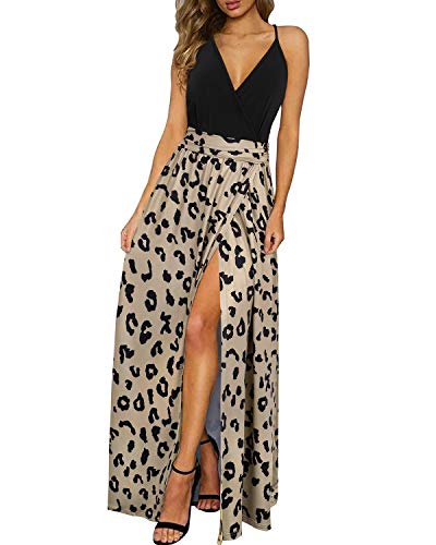 Newshows Sommerkleid Damen Lang Maxikleid Sommer V Ausschnitt Kleid Schlitz Freizeitkleid Elegant für Hochzeitsgast(Leopard 01,Groß) von Newshows