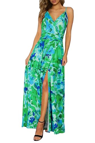 Newshows Damen Sommer Tiefer V-Ausschnitt Freizeitkleid Spaghettiträger Blumendruck Split Maxikleid für Strandparty (Blaugrünes Abstrakt,Klein) von Newshows
