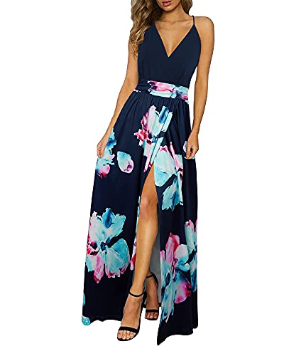 Newshows Sommerkleid Damen Lang Maxikleid Sommer V Ausschnitt Kleid Schlitz Freizeitkleid Elegant für Hochzeitsgast (Floral 07,Klein) von Newshows