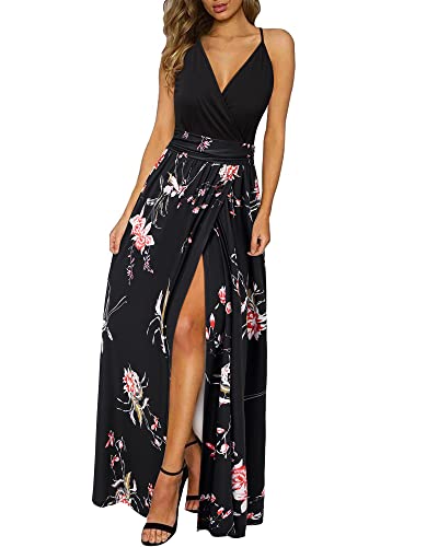 Newshows Sommerkleid Damen Lang Maxikleid Sommer V Ausschnitt Kleid Schlitz Freizeitkleid Elegant für Hochzeitsgast (Floral 26,XX-Groß) von Newshows