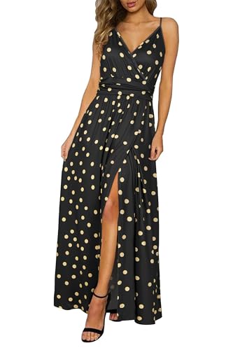 Newshows Damen Sommer Tiefer V-Ausschnitt Freizeitkleid Spaghettiträger Blumendruck Split Maxikleid für Strandparty (Schwarz Weiße Punkte,XX-Groß) von Newshows