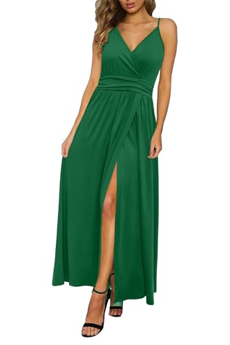 Newshows Damen Sommer Tiefer V-Ausschnitt Maxikleid Spaghettiträger Einfarbig Geteiltes Hochzeitsgästekleid (Dunkelgrün,Mittel) von Newshows