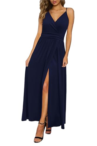 Newshows Damen Sommer Tiefer V-Ausschnitt Maxikleid Spaghettiträger Einfarbig Geteiltes Hochzeitsgästekleid (Marineblau,Klein) von Newshows