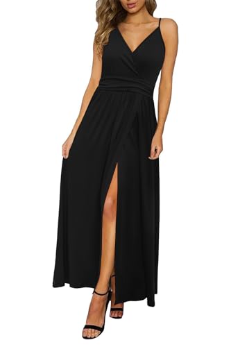 Newshows Damen Sommer Tiefer V-Ausschnitt Maxikleid Spaghettiträger Einfarbig Geteiltes Hochzeitsgästekleid (Modisches Schwarz,X-Groß) von Newshows