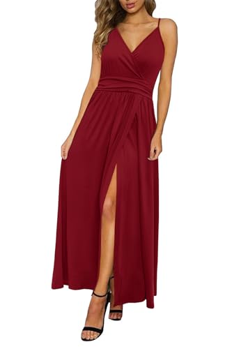 Newshows Damen Sommer Tiefer V-Ausschnitt Maxikleid Spaghettiträger Einfarbig Geteiltes Hochzeitsgästekleid (Weinrot,Klein) von Newshows