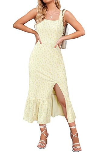 Newshows Damen Sommerkleid Ärmellos Quadratischer Ausschnitt Midikleid Strandkleid Freizeitkleid Gelbe Rose,S von Newshows