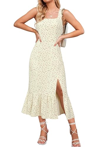 Newshows Damen Sommerkleid Ärmellos Quadratischer Ausschnitt Midikleid Strandkleid Freizeitkleid Rot Orange Blumen,L von Newshows