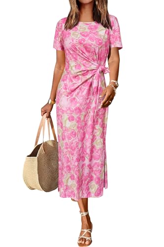 Newshows Damen Sommerkleid Blumenmuster Langes Maxikleid Bindegürtel Taillenbund Lässiges T Shirt Sommerkleid Abstraktes Rosa Blumenmuster,S von Newshows