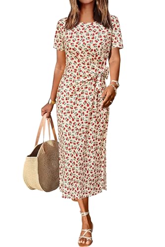 Newshows Damen Sommerkleid Blumenmuster Langes Maxikleid Bindegürtel Taillenbund Lässiges T Shirt Sommerkleid Rosa Blumenmuster Gelb,L von Newshows