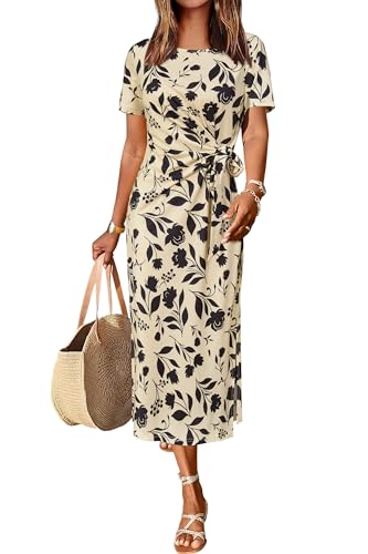 Newshows Damen Sommerkleid Blumenmuster Langes Maxikleid Bindegürtel Taillenbund Lässiges T Shirt Sommerkleid SchwarzBlumenmuster Khaki,M von Newshows
