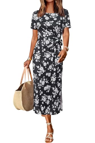 Newshows Damen Sommerkleid Blumenmuster Langes Maxikleid Bindegürtel Taillenbund Lässiges T Shirt Sommerkleid Weiß Blumenmuster Schwarz,S von Newshows