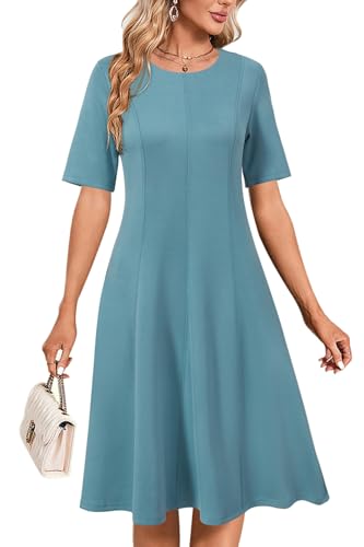 Newshows Damen Sommerkleid Faltenfrei Midi Kurzarm A Linie Business Casual Hochzeitsgastkleider Graublau,XXL von Newshows