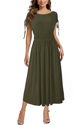 Newshows Damen Sommerkleid Kurzarm Casual Midikleid U Boot Ausschnitt Gesmokt Kordelzug Strandkleider Armeegrün,M von Newshows
