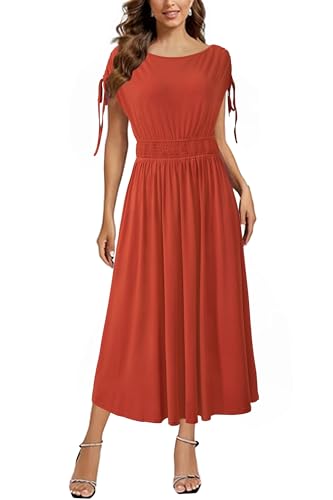 Newshows Damen Sommerkleid Kurzarm Casual Midikleid U Boot Ausschnitt Gesmokt Kordelzug Strandkleider Karamell,L von Newshows