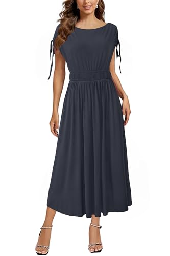 Newshows Damen Sommerkleid Kurzarm Casual Midikleid U Boot Ausschnitt Gesmokt Kordelzug Strandkleider Marineblau,L von Newshows
