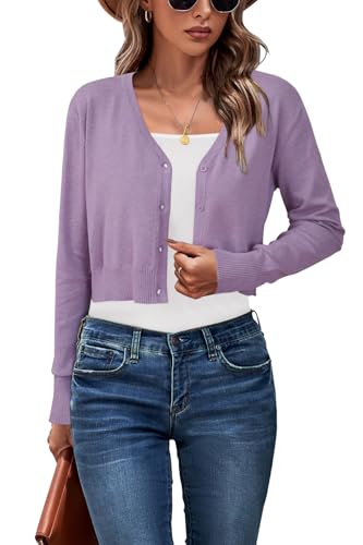 Newshows Damen Strickjacke Sommer Kurz Cropped Leichte Strickjacken Strick V Ausschnitt Bolero Misty Purple,L von Newshows