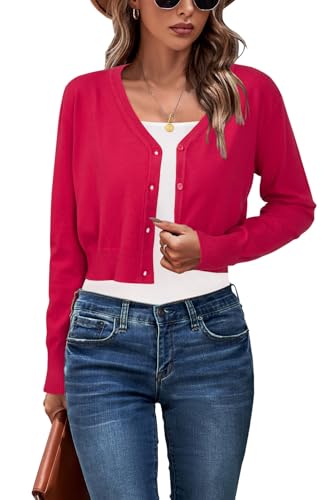 Newshows Damen Strickjacke Sommer Kurz Leichte Kurze Strickjacken V Ausschnitt Strick Bolero Shrug Rot,M von Newshows