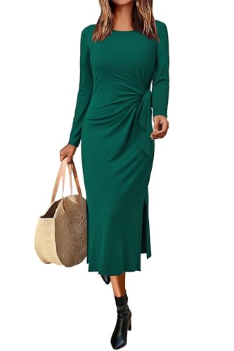 Newshows Damenkleider Langarm Rundhals Maxikleid Bindegürtel Taillenbund Lässiges T Shirt Sommerkleid mit Schlitz Grün,L von Newshows