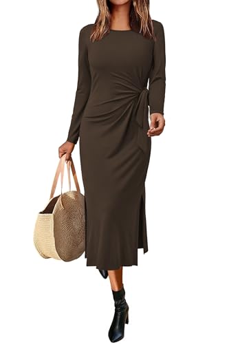 Newshows Damenkleider Langarm Rundhals Maxikleid Bindegürtel Taillenbund Lässiges T Shirt Sommerkleid mit Schlitz Kaffee,XXL von Newshows