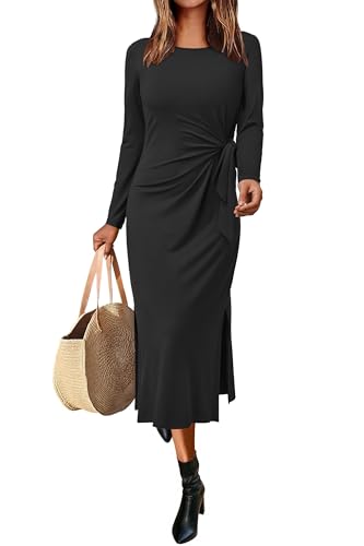Newshows Damenkleider Langarm Rundhals Maxikleid Bindegürtel Taillenbund Lässiges T Shirt Sommerkleid mit Schlitz Schwarz,L von Newshows