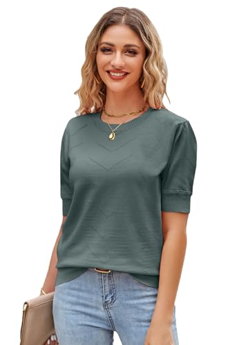 Newshows Kurzarm Pullover Damen Frühling Elegant Rundhals Kurzarmpullover Strickpulli Sweatshirt(Grau Grün, XL) von Newshows