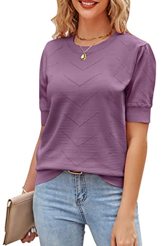 Newshows Kurzarm Pullover Damen Frühling Elegant Rundhals Kurzarmpullover Strickpulli Sweatshirt(Violett, XXL) von Newshows