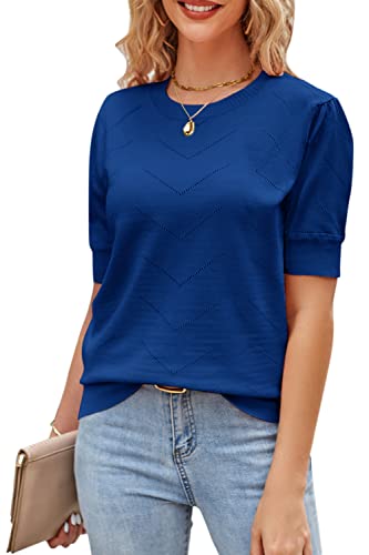 Newshows Pullover Damen Kurzarm Elegant Strickpullover Rundhals Kurzarmpullover Sweatshirt(Blau, XL) von Newshows