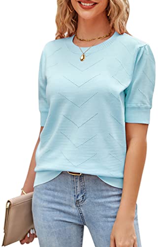 Newshows Pullover Damen Kurzarm Elegant Strickpullover Rundhals Kurzarmpullover Sweatshirt(Hell, Blau, XXL) von Newshows