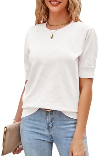 Newshows Pullover Damen Kurzarm Elegant Strickpullover Rundhals Kurzarmpullover Sweatshirt(Off White, L) von Newshows