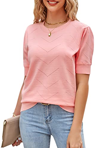 Newshows Pullover Damen Kurzarm Elegant Strickpullover Rundhals Kurzarmpullover Sweatshirt(Rosa, S) von Newshows