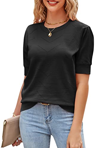 Newshows Pullover Damen Kurzarm Elegant Strickpullover Rundhals Kurzarmpullover Sweatshirt(Schwarz, L) von Newshows