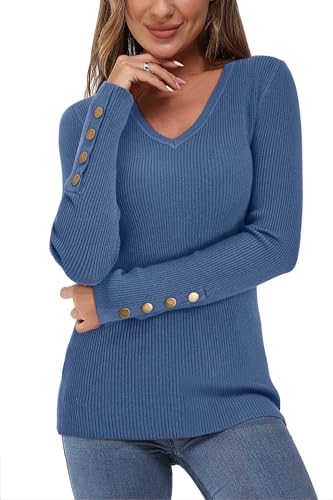 Newshows Pullover für Damen Herbst Strickpullover Winter Elegant Kitted Gerippt Damenpullover Damen Blau-01 von Newshows
