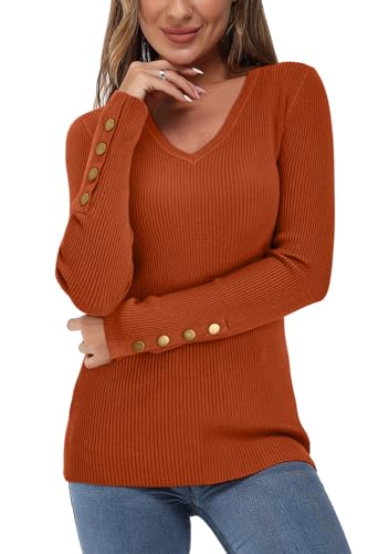 Newshows Pullover für Damen Herbst Strickpullover Winter Elegant Kitted Gerippt Damenpullover Damen Karamell Orange von Newshows