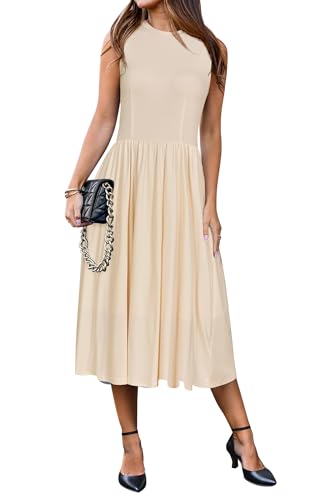 Newshows Sommerkleid Damen Ärmelloser Midikleid Sommer Business Büro Kleid Freizeitkleider mit Taschen(Beige, XXL) von Newshows