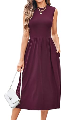 Newshows Sommerkleid Damen Ärmelloser Midikleid Sommer Business Büro Kleid Freizeitkleider mit Taschen(Dunkelrot, XL) von Newshows