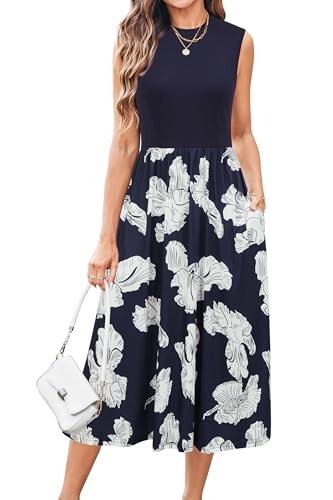 Newshows Sommerkleid Damen Ärmelloser Midikleid Sommer Business Büro Kleid Freizeitkleider mit Taschen(Floral 1, XXL) von Newshows