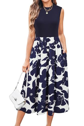Newshows Sommerkleid Damen Ärmelloser Midikleid Sommer Business Büro Kleid Freizeitkleider mit Taschen(Floral 2, L) von Newshows