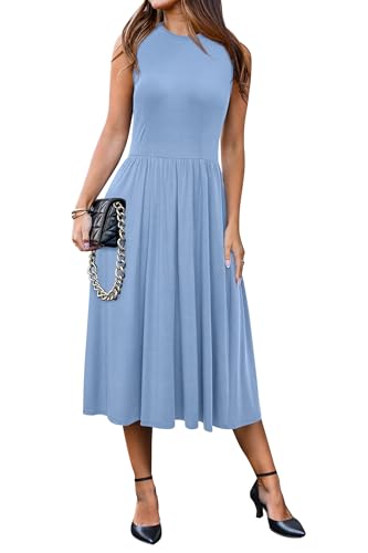 Newshows Sommerkleid Damen Ärmelloser Midikleid Sommer Business Büro Kleid Freizeitkleider mit Taschen(Graublau, L) von Newshows