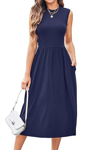 Newshows Sommerkleid Damen Ärmelloser Midikleid Sommer Business Büro Kleid Freizeitkleider mit Taschen(Marineblau, L) von Newshows