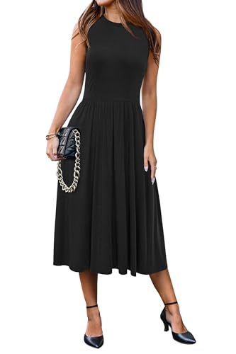 Newshows Sommerkleid Damen Ärmelloser Midikleid Sommer Business Büro Kleid Freizeitkleider mit Taschen(Schwarz, L) von Newshows