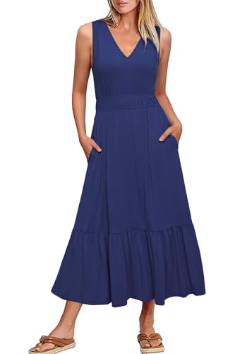 Newshows Sommerkleid Damen Lang Ärmelloser Strandkleid Maxikleid Sommer Freizeitkleider mit Taschen(Marine, M) von Newshows