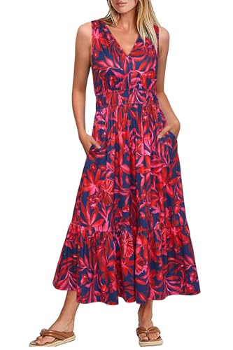 Newshows Sommerkleid Damen Lang Ärmelloser Strandkleid Maxikleid Sommer Freizeitkleider mit Taschen(Marineblau Floral, XL) von Newshows