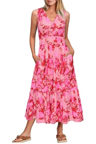 Newshows Sommerkleid Damen Lang Ärmelloser Strandkleid Maxikleid Sommer Freizeitkleider mit Taschen(Rosa Floral, XL) von Newshows