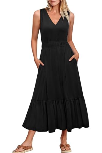 Newshows Sommerkleid Damen Lang Ärmelloser Strandkleid Maxikleid Sommer Freizeitkleider mit Taschen(Schwarz, L) von Newshows