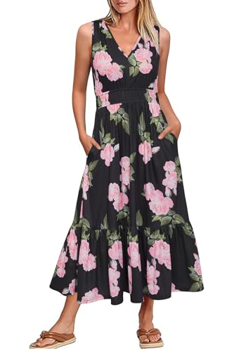 Newshows Sommerkleid Damen Lang Ärmelloser Strandkleid Maxikleid Sommer Freizeitkleider mit Taschen(Schwarz Floral, XXL) von Newshows