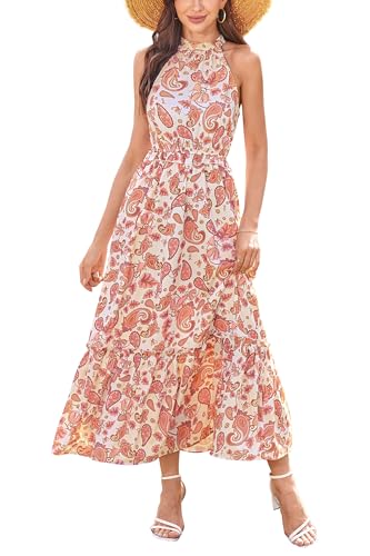Newshows Sommerkleid Damen Elegant Neckholder Lang Kleid Maxikleid Sommer Strandkleid(Paisley Orange, Mittel) von Newshows