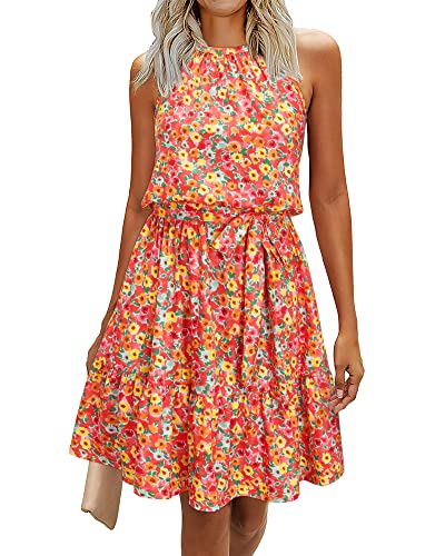 Newshows Sommerkleid Damen Knielang Elegant Kleid Neckholder Sommer Ärmellos Freizeitkleider mit Taschen(Floral-14, Groß) von Newshows