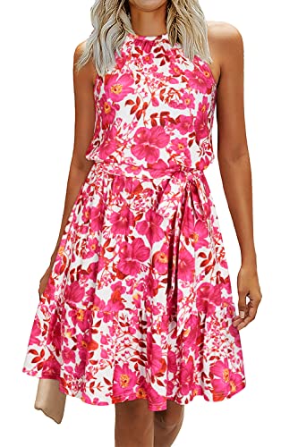 Newshows Sommerkleid Damen Knielang Elegant Kleid Neckholder Sommer Ärmellos Freizeitkleider mit Taschen(Floral-19, Groß) von Newshows