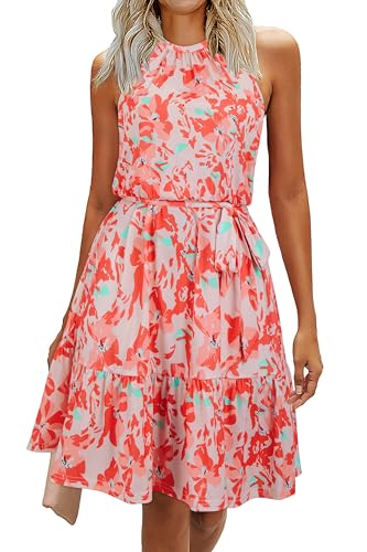 Newshows Sommerkleid Damen Knielang Elegant Kleid Neckholder Sommer Ärmellos Freizeitkleider mit Taschen(Floral-20, Mittel) von Newshows