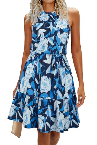 Newshows Sommerkleid Damen Knielang Elegant Kleid Neckholder Sommer Ärmellos Freizeitkleider mit Taschen(Floral-21, Klein) von Newshows